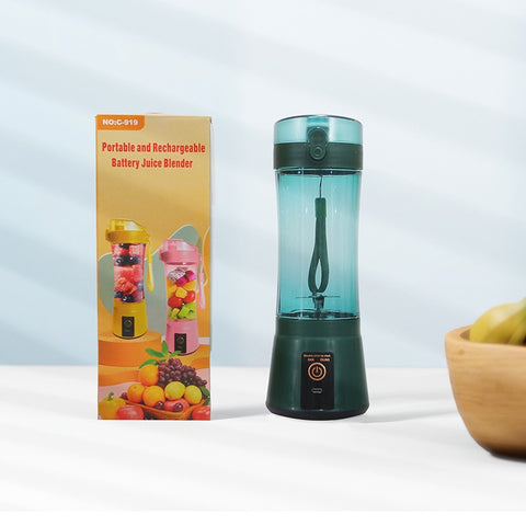 Green portable USB blender with retail packaging, ideal for wireless fruit blending and convenient kitchen use.
