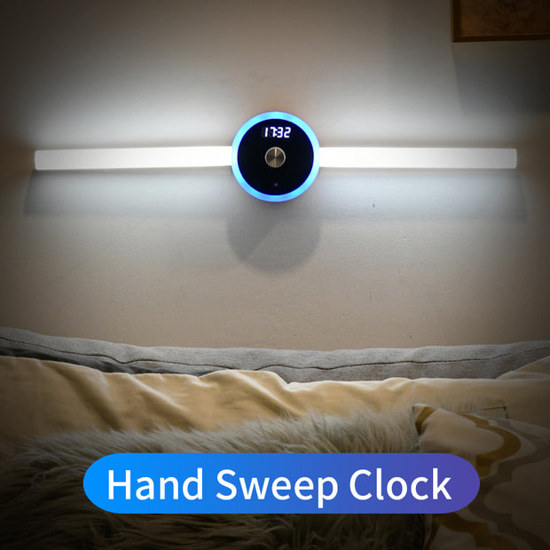 Smart LED Cabinet Sensor Light with digital clock and hand sweep control, ideal for bedrooms and night-time use.