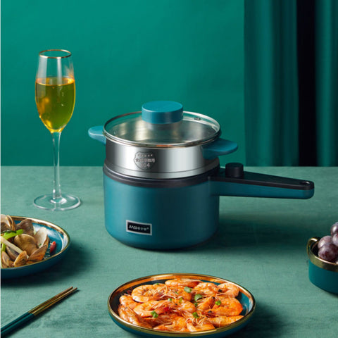 Mini Kitchen Multi-Function Electric Pot with glass lid and shrimp dish, perfect for quick and efficient home cooking.