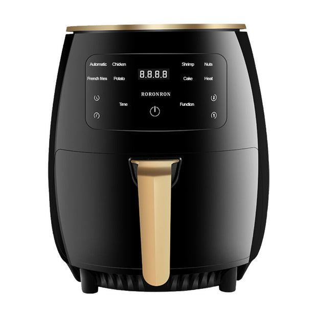 Smart Touch Air Fryer with Touch Control & Auto Power-off in Piano Black, showing digital interface and golden handle for modern kitchens.