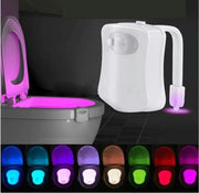 Close-up of Toilet Induction LED Night Light device with motion sensor and flexible arm, displaying multiple color options for toilet illumination.