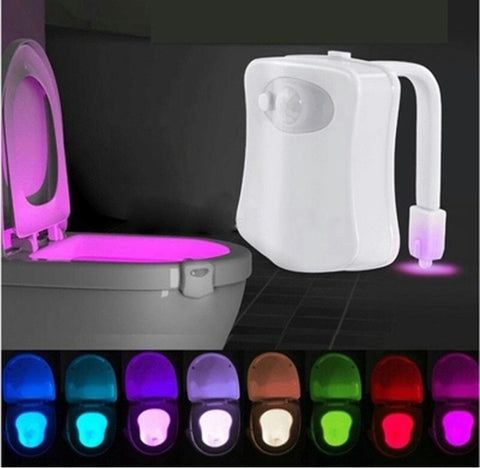 Close-up of Toilet Induction LED Night Light device with motion sensor and flexible arm, displaying multiple color options for toilet illumination.