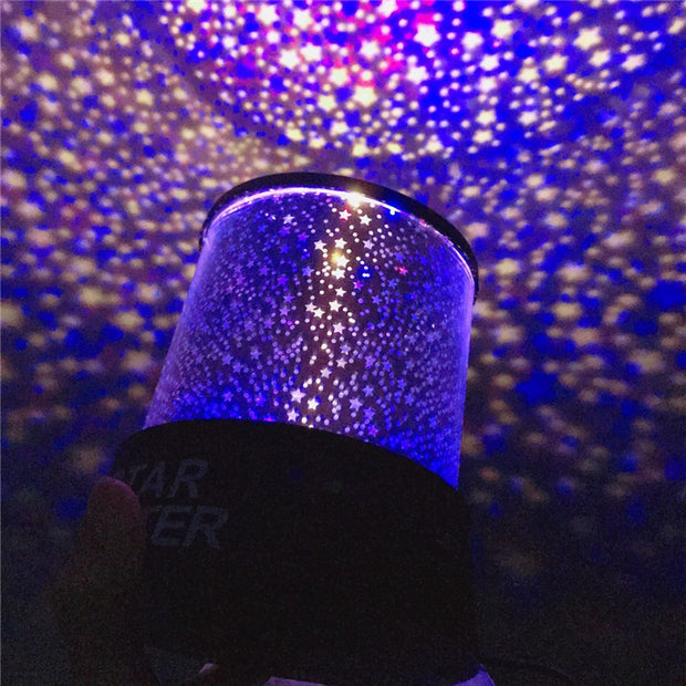 Single LED Star Night Light Projector illuminating a ceiling with blue and yellow star patterns. Great for creating a dreamy sleep environment.