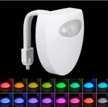 Toilet Induction LED Night Light device with motion sensor and flexible arm, shown with 8 color options and labeled 2PC for dual pack.