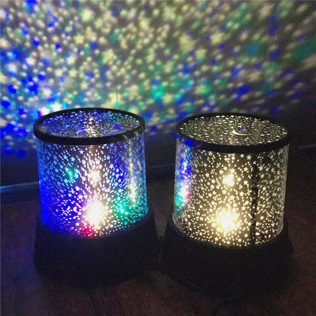 Two LED Star Night Light Projectors emitting soft white and multicolor star patterns. Ideal for kids’ bedrooms and nighttime relaxation.