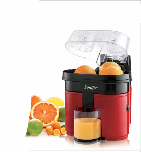 Red Sonifer Electric Lemon Juicer Original Manual with dual orange compartments and juice glass. Designed for fast and easy citrus extraction.