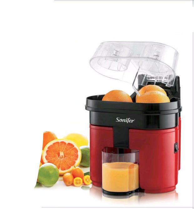 Red Sonifer Electric Lemon Juicer Original Manual with dual orange compartments and juice glass. Designed for fast and easy citrus extraction.