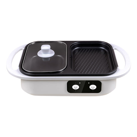 Multi-use Roast All-in-one Pot featuring grill and pot sections with dual control knobs, perfect for compact kitchens and versatile cooking.
