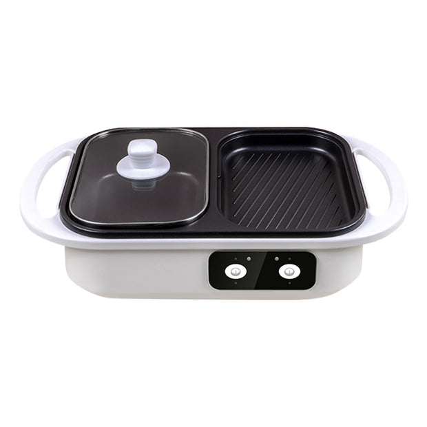 Multi-use Roast All-in-one Pot featuring grill and pot sections with dual control knobs, perfect for compact kitchens and versatile cooking.