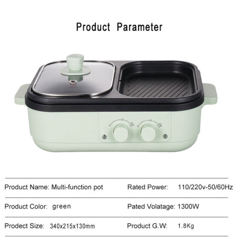 Electric Cooking Pot with 1300W power, dual temperature control, and compact size 340x215x130mm, ideal for small households.