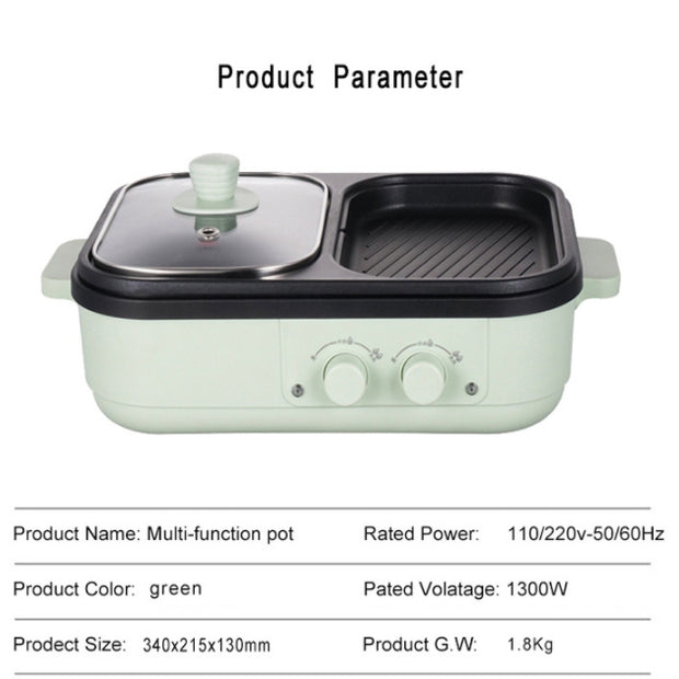 Electric Cooking Pot with 1300W power, dual temperature control, and compact size 340x215x130mm, ideal for small households.