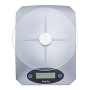 Top view of Mini Kitchen Scale Digital Weighing in sleek silver with a glass platform and digital display, supports up to 5kg.