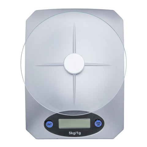 Top view of Mini Kitchen Scale Digital Weighing in sleek silver with a glass platform and digital display, supports up to 5kg.