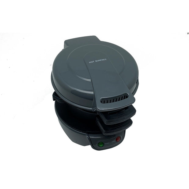 Gray multifunctional breakfast machine with closed lid and compact design, perfect for quick sandwich and egg cooking.