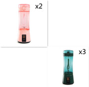 Set of 2 pink and 3 green USB portable blenders, compact and rechargeable for smoothies and juices.