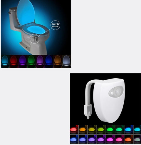 Toilet Induction LED Night Light shown in blue on toilet with color options below and close-up of device, highlighting easy installation.