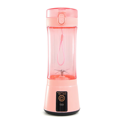 Pink USB rechargeable mini blender with safety lock and blending blades, designed for portable smoothie making.