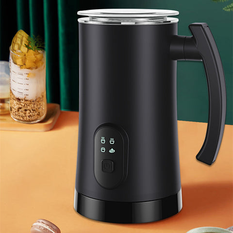 Electric Milk Frother in black with 304 stainless steel liner, 400W power and 160ML capacity, perfect for hot and cold milk frothing in kitchens.