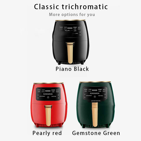 Smart Touch Air Fryer with Touch Control & Auto Power-off available in Piano Black, Pearly Red, and Gemstone Green color options.