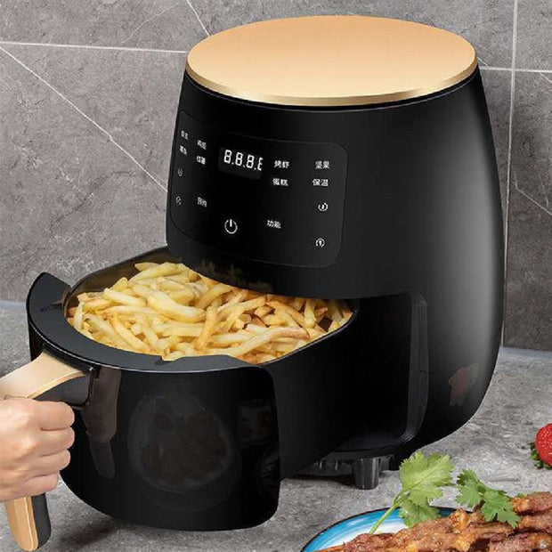 Smart Touch Air Fryer with Touch Control & Auto Power-off in black, filled with French fries, featuring a digital display and drawer-style basket.