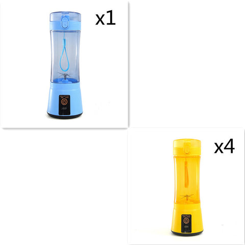 Set of 1 blue and 4 yellow USB rechargeable mini blenders, ideal for home and travel smoothie making.