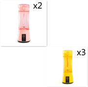Set of 2 pink and 3 yellow USB rechargeable mini blenders, ideal for kitchen use and summer drinks.