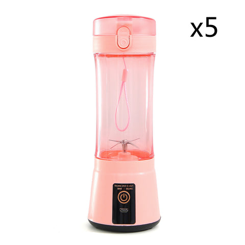 Five pink portable USB rechargeable blenders, perfect for bulk purchase and healthy smoothie preparation.