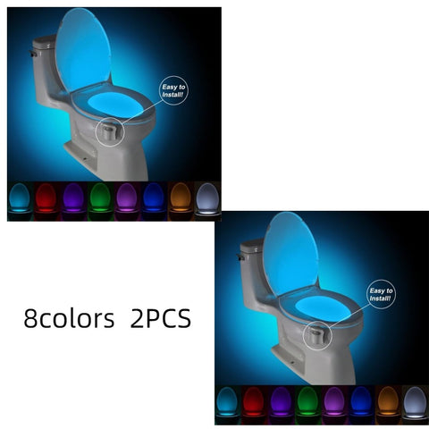 Two Toilet Induction LED Night Lights installed on toilets with blue glow, labeled '8 colors 2PCS' for multi-color lighting options.