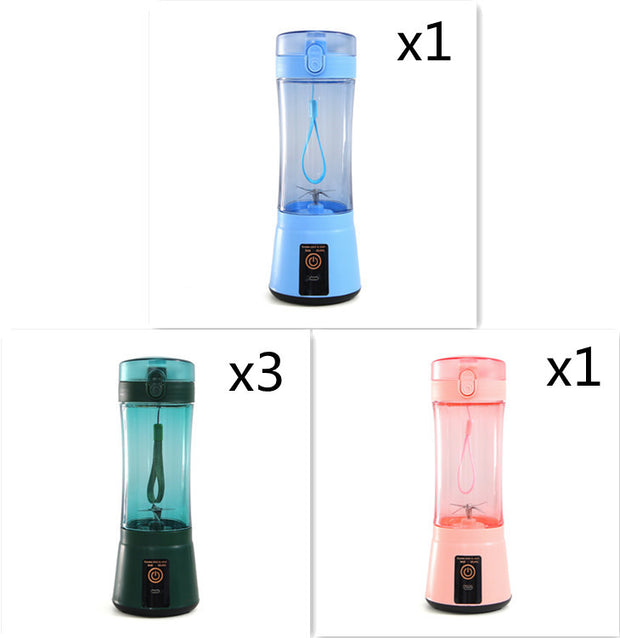 Set of 1 blue, 1 pink, 3 green, and 1 yellow USB rechargeable blenders, compact and colorful for smoothies.