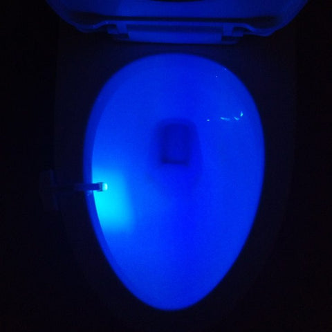 Blue LED light from Toilet Induction Night Light inside toilet bowl, providing nighttime visibility with motion sensor activation.