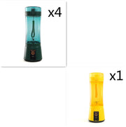 Set of 4 green and 1 yellow portable USB juicer blenders, ideal for group use or family kitchen supplies.