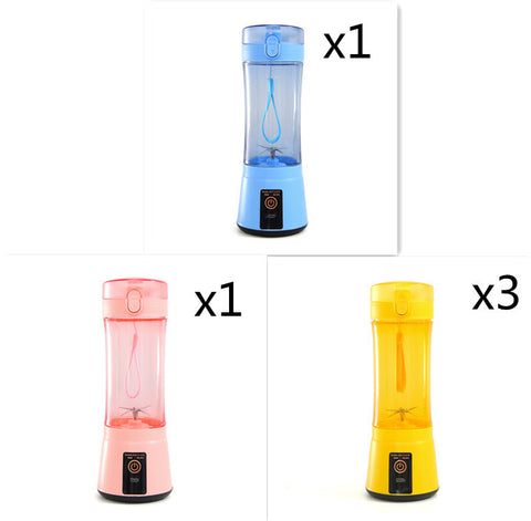 Set of 1 blue, 1 pink, and 3 yellow USB portable blenders, ideal for summer drinks and wireless blending.