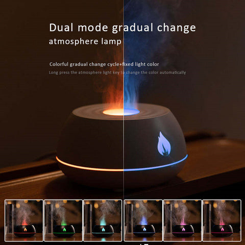 Flame Aromatherapy USB Diffuser featuring dual mode 7 color light and gradual color change for a calming sleep environment.