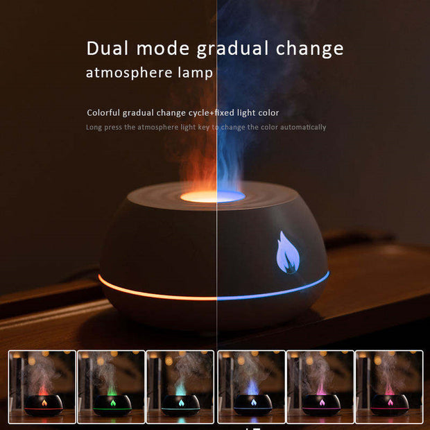Flame Aromatherapy USB Diffuser featuring dual mode 7 color light and gradual color change for a calming sleep environment.