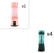 Set of 1 pink and 4 green wireless USB blenders, perfect for bulk smoothie blending and portable convenience.
