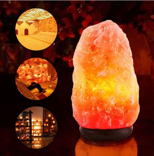 Illuminated Crystal Salt Lamp Night Light with spa-themed background, enhancing bedroom decor and relaxation spaces.