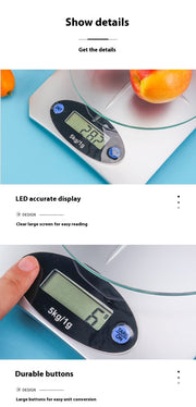 Close-up of Mini Kitchen Scale Digital Weighing LED display and durable buttons for easy unit conversion and precise measurements.
