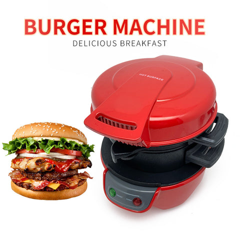 Compact red breakfast machine with sandwich and egg cooking layers, perfect for fast and easy morning meals.
