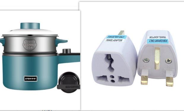 Mini Kitchen Multi-Function Electric Pot with stainless steel insert and travel plug adapters, designed for versatile cooking.
