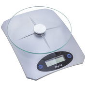 Angled view of Mini Kitchen Scale Digital Weighing with round glass platform and digital display, ideal for compact kitchen use.