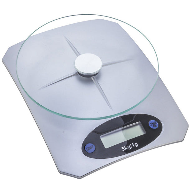 Angled view of Mini Kitchen Scale Digital Weighing with round glass platform and digital display, ideal for compact kitchen use.