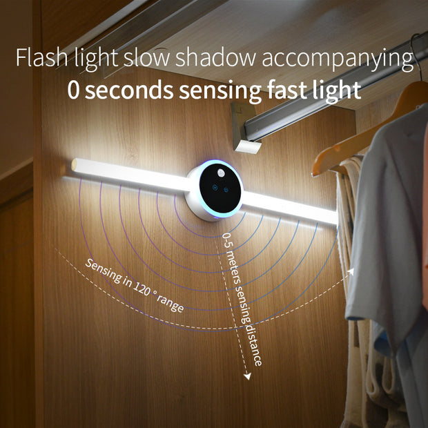 Smart LED Wardrobe Light with 120° infrared motion sensor and fast light activation, perfect for closets and cabinets.