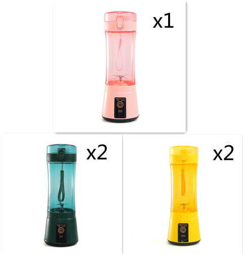 Set of 1 pink, 2 green, and 2 yellow portable USB blenders, ideal for healthy lifestyle and travel blending.