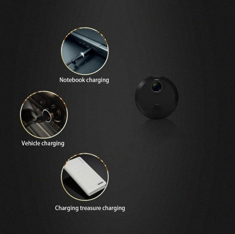 HDQ15 Home Surveillance Camera 1080P with charging options including notebook, vehicle, and power bank, offering versatile power solutions.