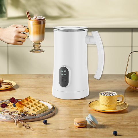 White Stainless Steel Milk Frother - Electric Machine | 400W, 160ML on breakfast table with coffee and waffles, perfect for home baristas.