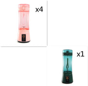Set of 4 pink and 1 green USB portable blenders, ideal for wireless blending and kitchen convenience.