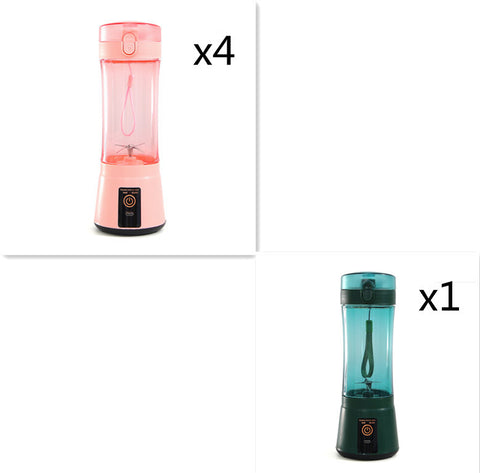 Set of 4 pink and 1 green USB portable blenders, ideal for wireless blending and kitchen convenience.