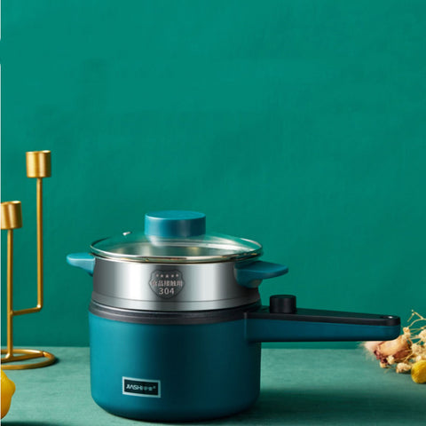 Mini Kitchen Multi-Function Electric Pot with stainless steel lid and teal body, compact design for modern kitchens.