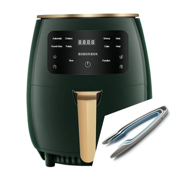 Smart Touch Air Fryer with Touch Control & Auto Power-off in green, bundled with silicone tongs for convenient and safe cooking.