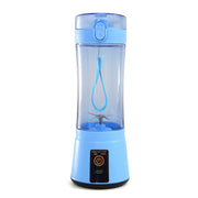 Blue portable USB smoothie blender with safety strap and one-touch button, perfect for travel and home use.
